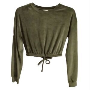 Derek Heart Velvety Cropped Top Long Sleeve Drawstring Hem Size S Green